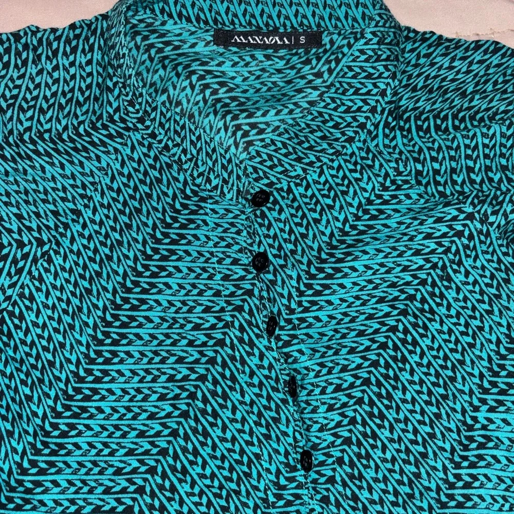 Manaola Mandarin Collar Teal Patterned Dress - Picture 2 of 4